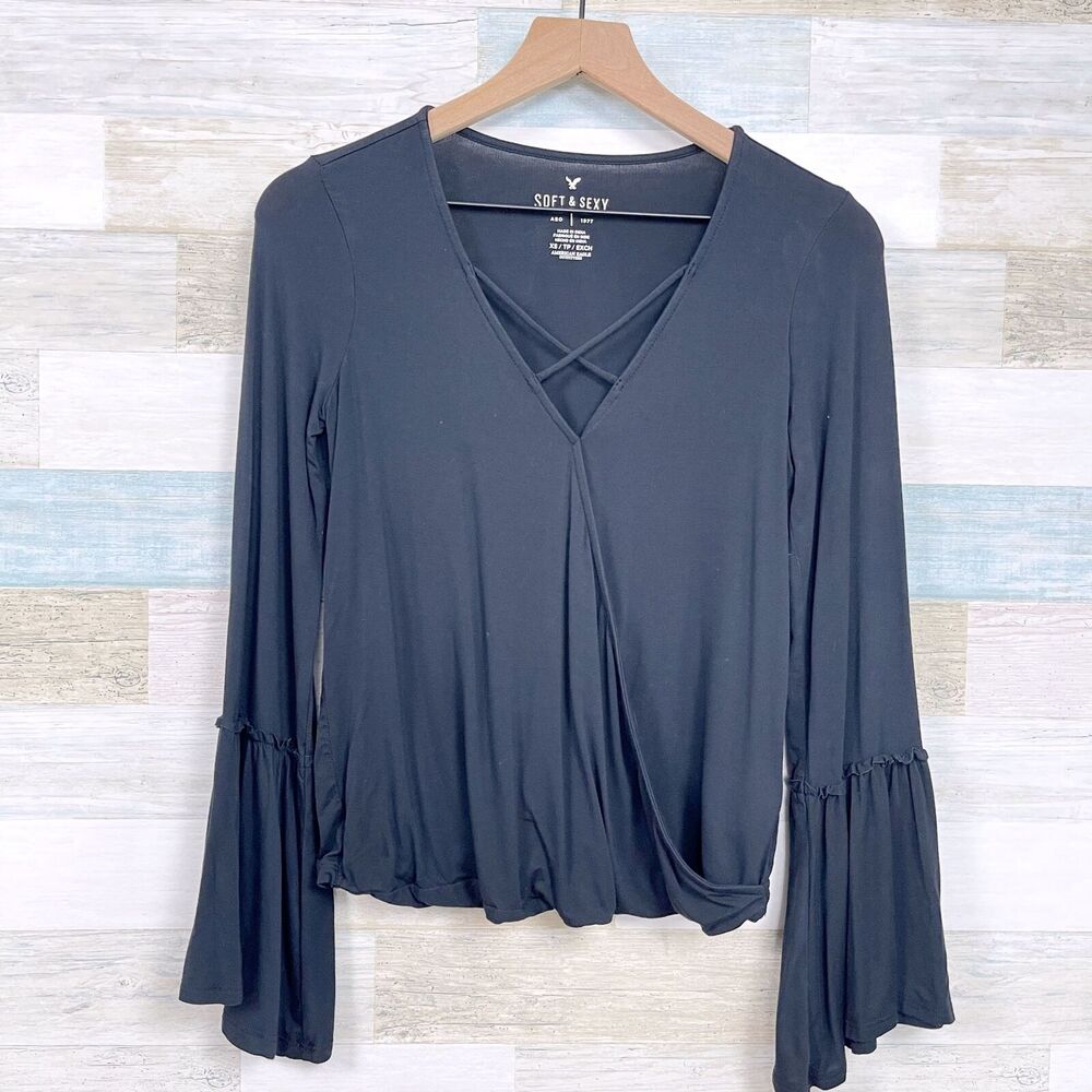 American Eagle Soft & Sexy Bell Sleeve Cut Out Top Black Mock Wrap Womens XS